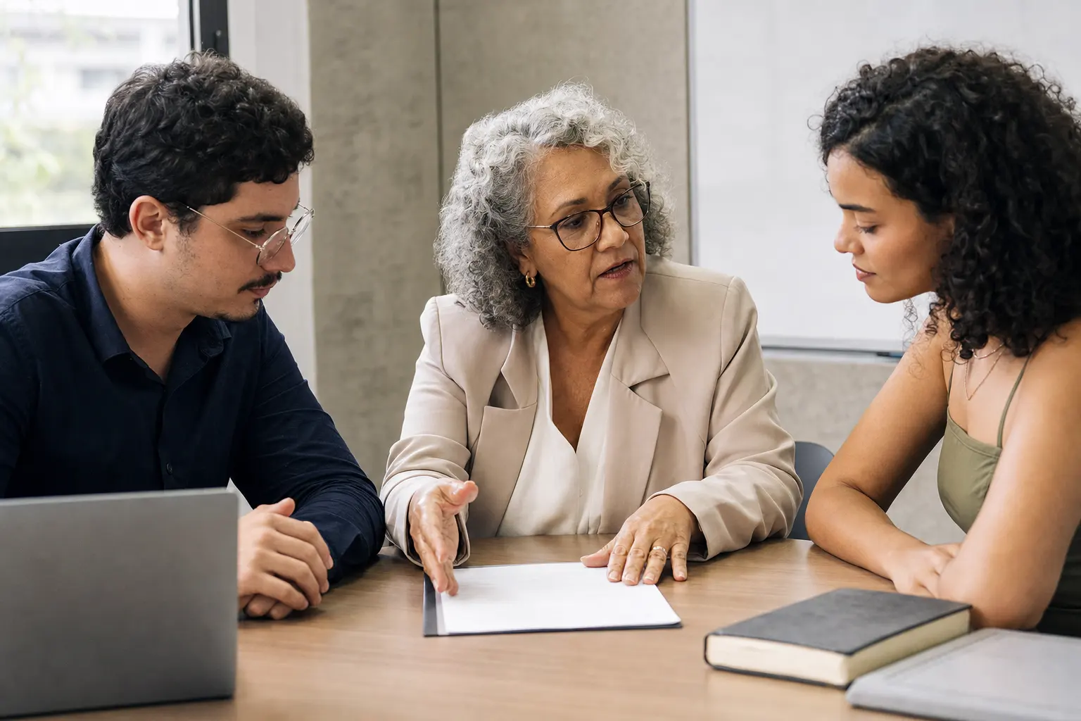 Coordenação acadêmica em conversa de mentoria, em ambiente institucional.